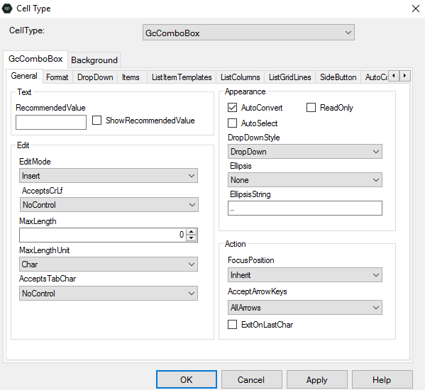 Spread Designer Cell Type Dialog Text Tab