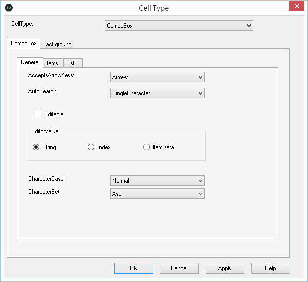Spread Designer Cell Type Dialog Combo Box Tab
