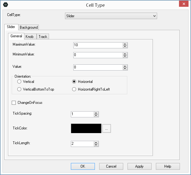 Spread Designer Cell Type Dialog Slider Tab