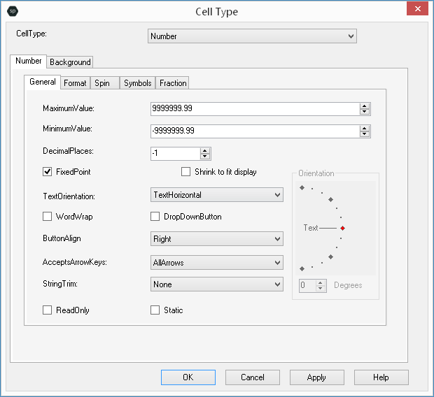 Spread Designer Cell Type Dialog Number Tab