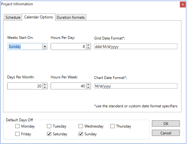 calendar options tab