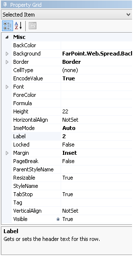 Spread Designer Property Grid with Row Properties