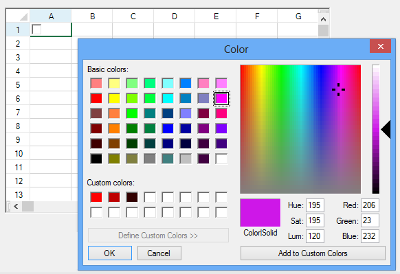 Pop-up color dialog for color picker cell